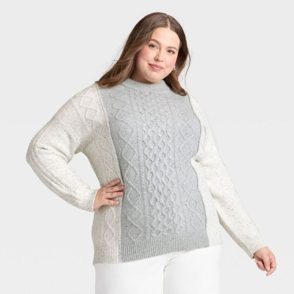 Open Box - Women's Long Sleeve Cozy Cable Knit Crewneck Pullo Multicolored
